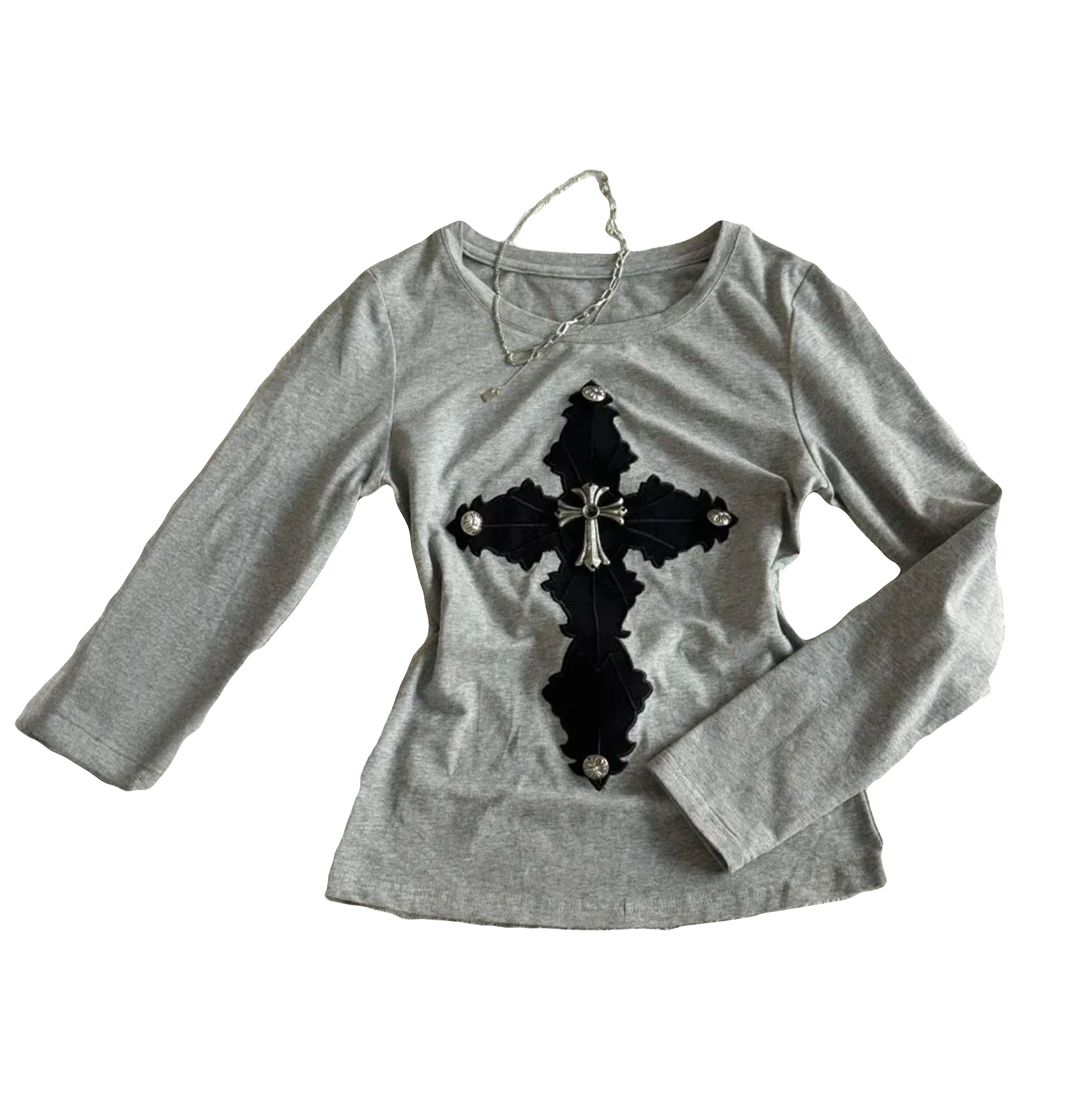Cross Patchwork Rivet Long Sleeve Tops - PWM