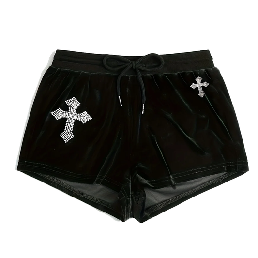 Drawstring Cross Rhinestone Shorts