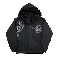 Fur Collar Gothic Tribal Print Zipper Hoodie - PWM