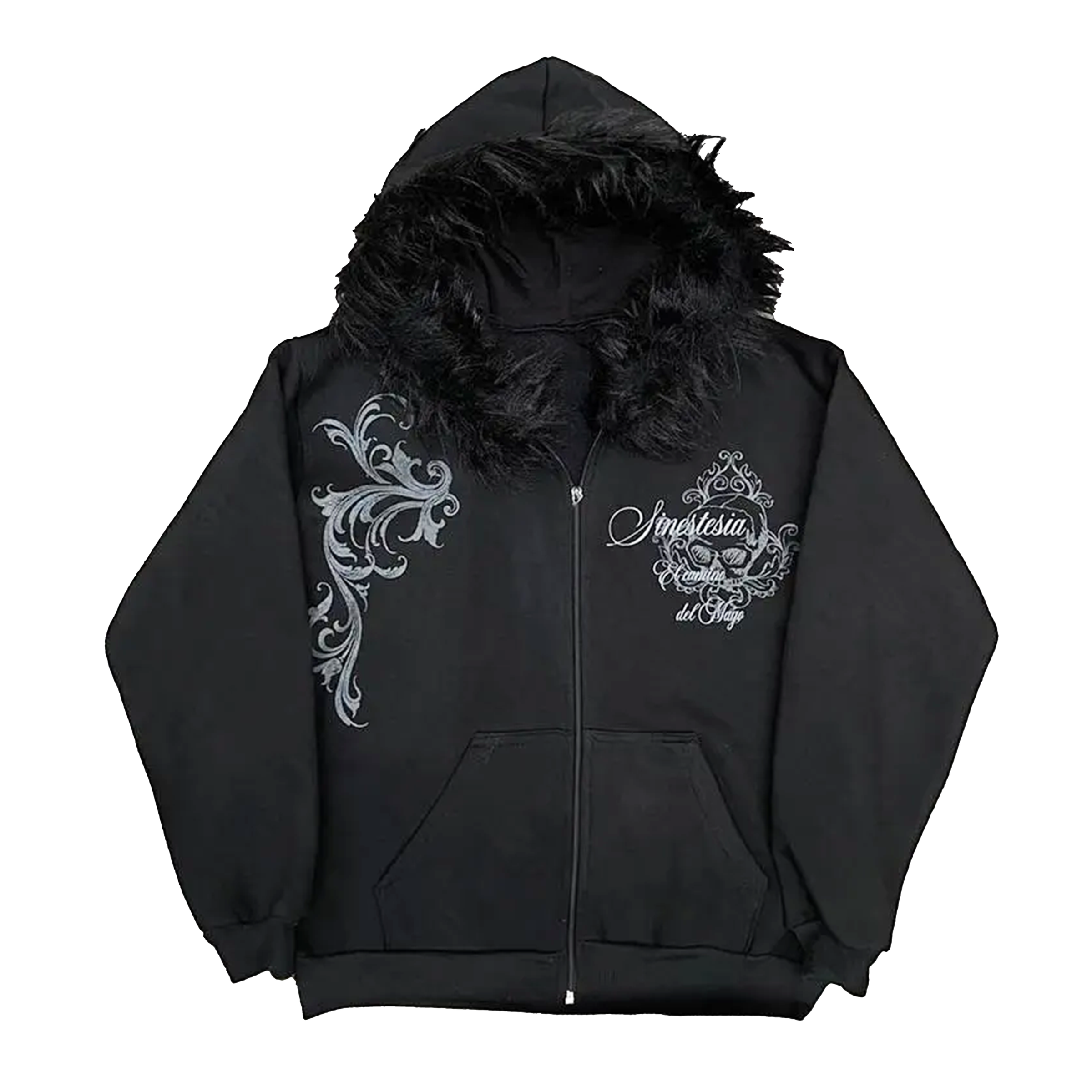 Fur Collar Gothic Tribal Print Zipper Hoodie - PWM