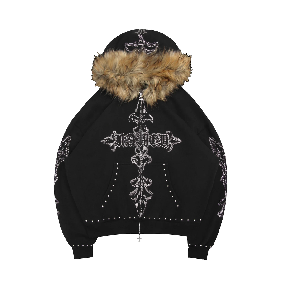 Rhinestone letter printed fur collar zipper hoodie