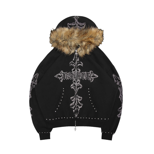 Rinestone letter printed fur collar zipper hoodie