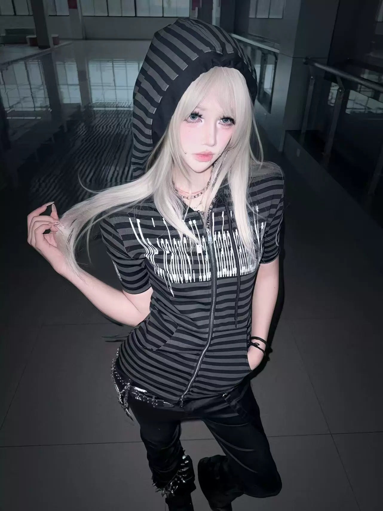 Striped Hooded Letter Print Zipper T-shirt