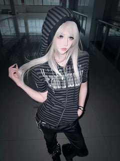 Striped Hooded Letter Print Zipper T-shirt - PWM