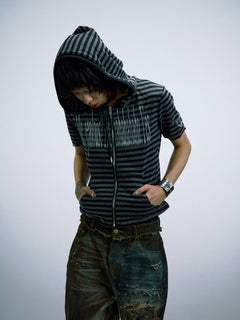 Striped Hooded Letter Print Zipper T-shirt - PWM