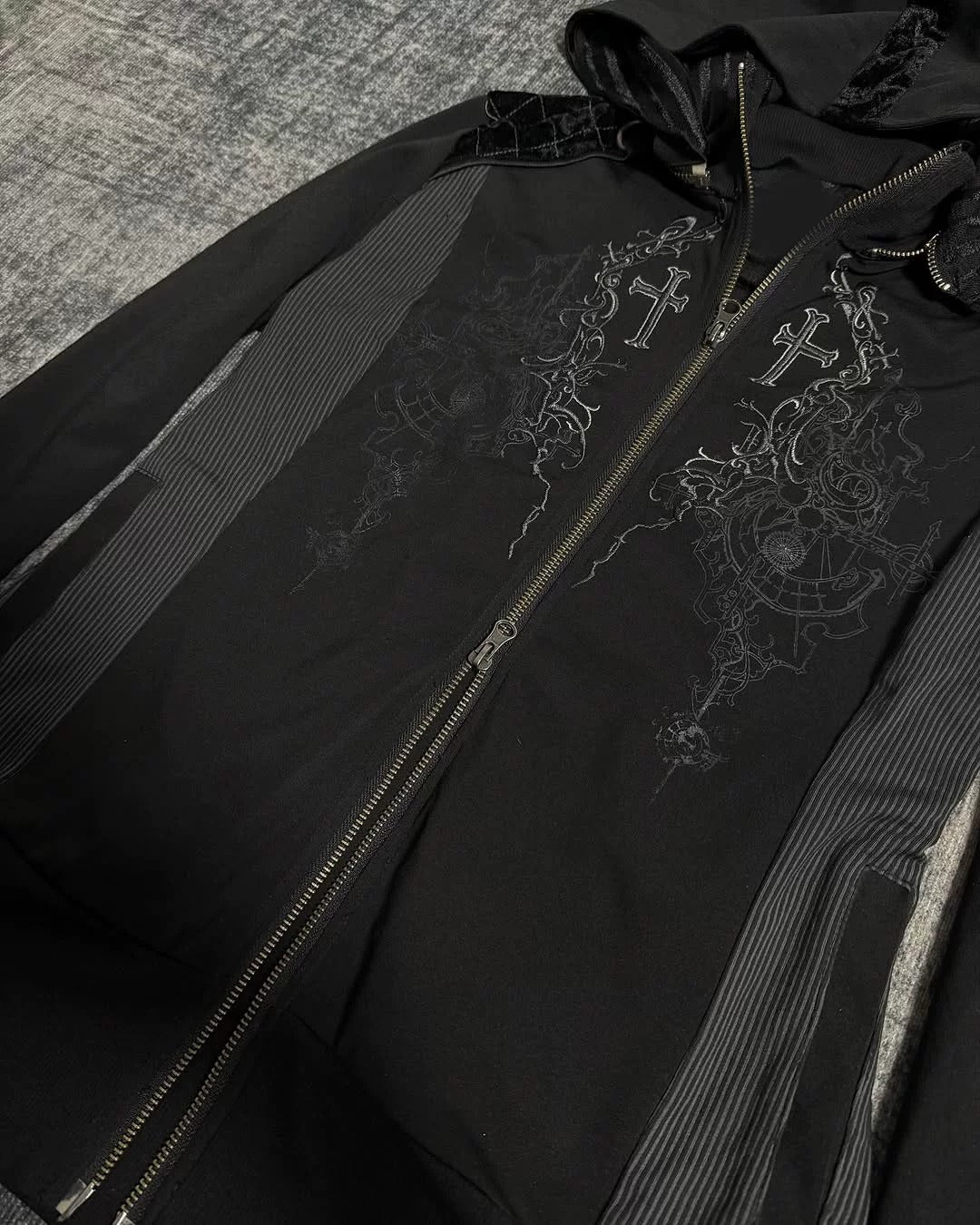Gothic Cross Embroidered Zip Hoodie