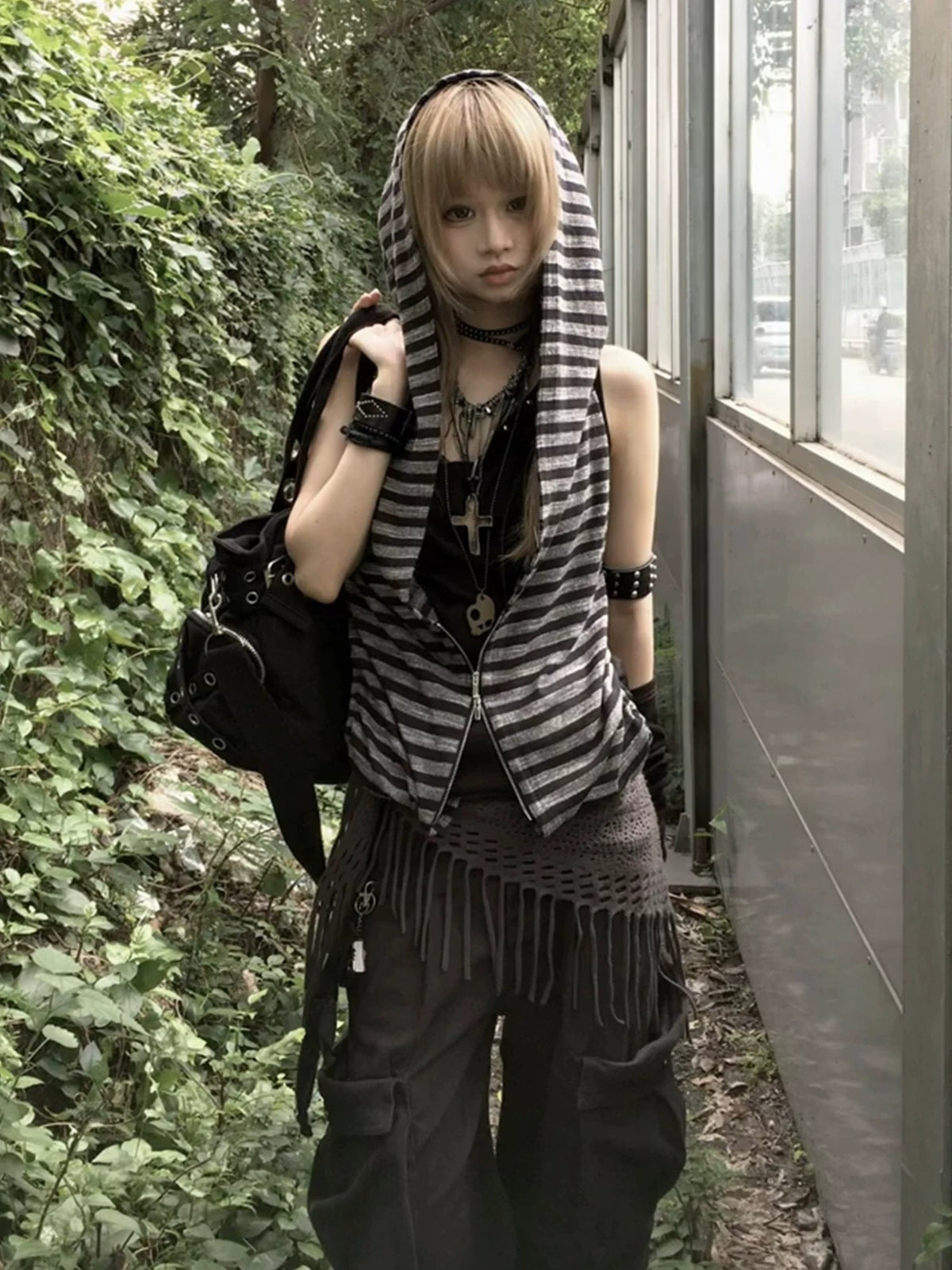 Striped Hooded Zipper Vest