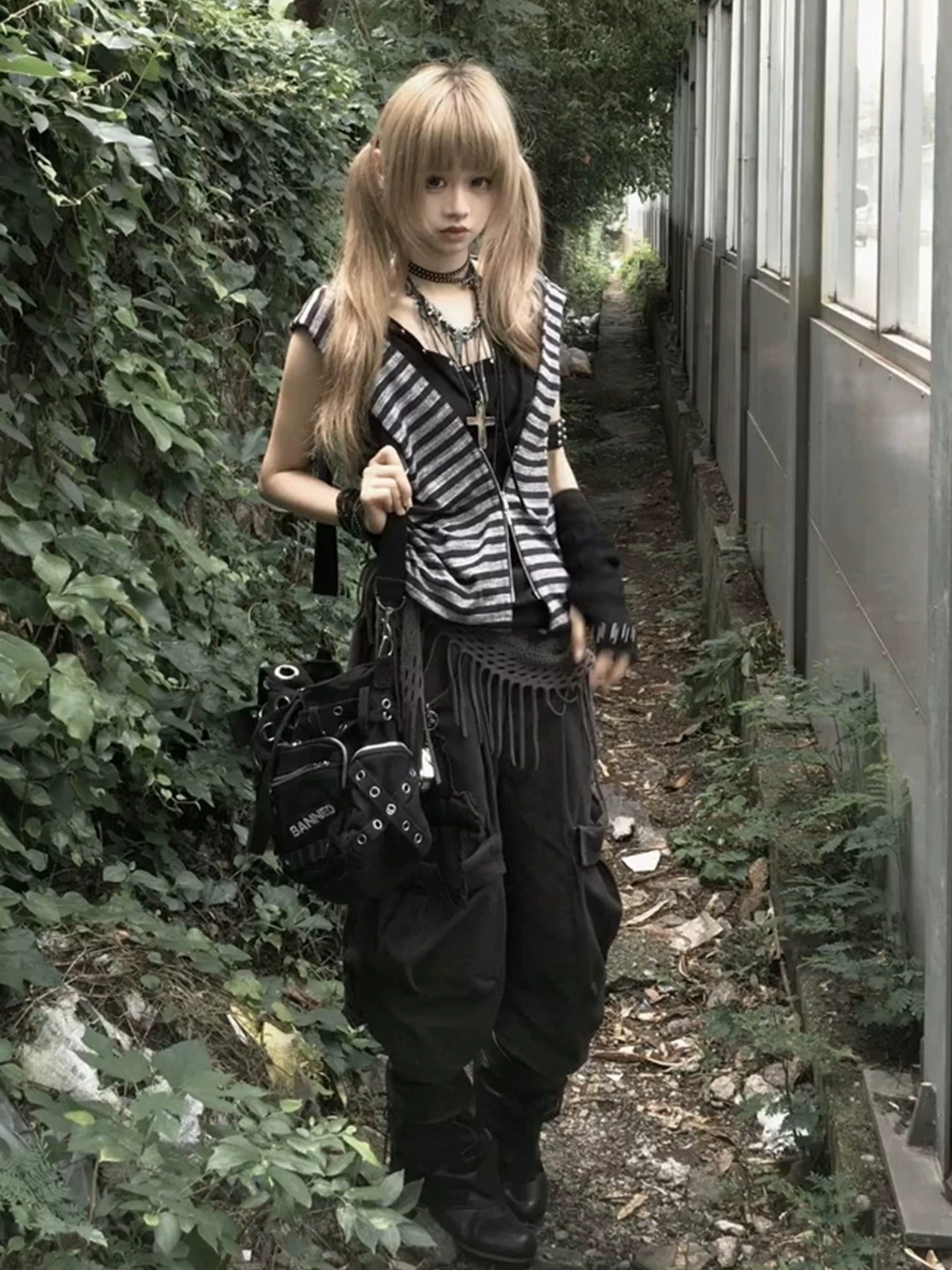 Striped Hooded Zipper Vest