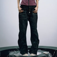 Rivet Zipper Washed Jeans - PWM