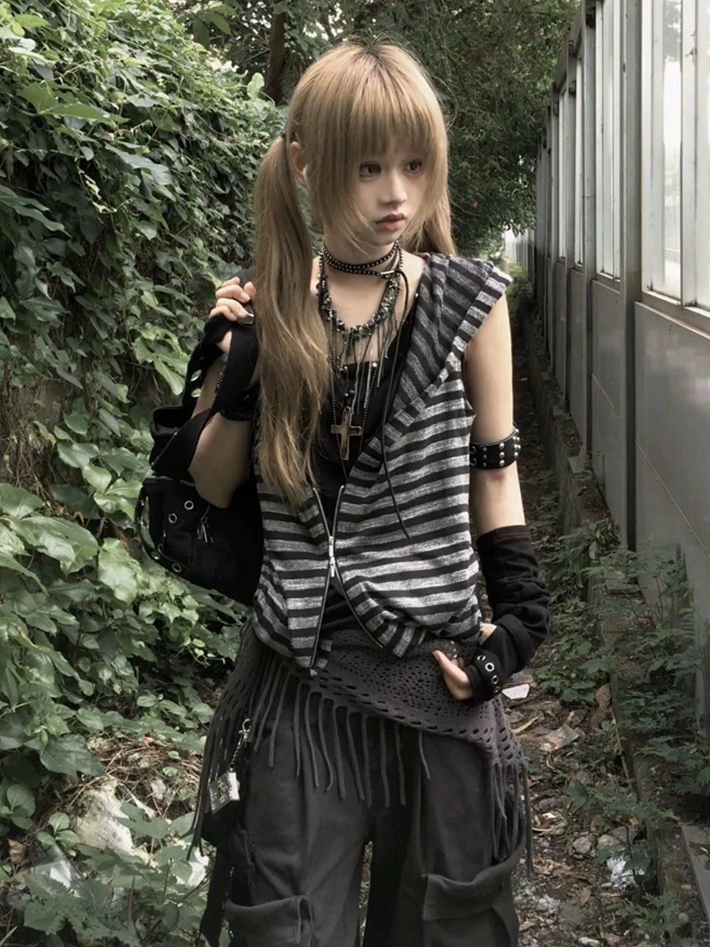 Striped Hooded Zipper Vest - PWM
