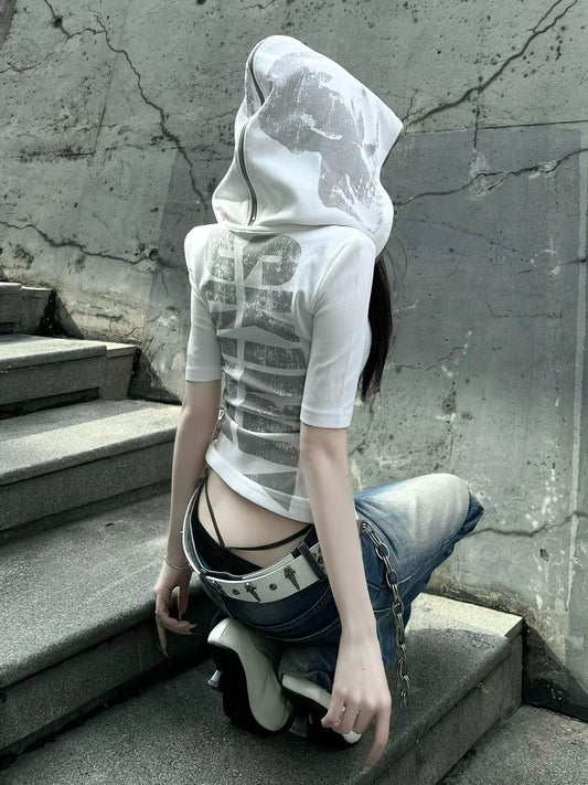 Hooded Zipper Skull Print T-shirt