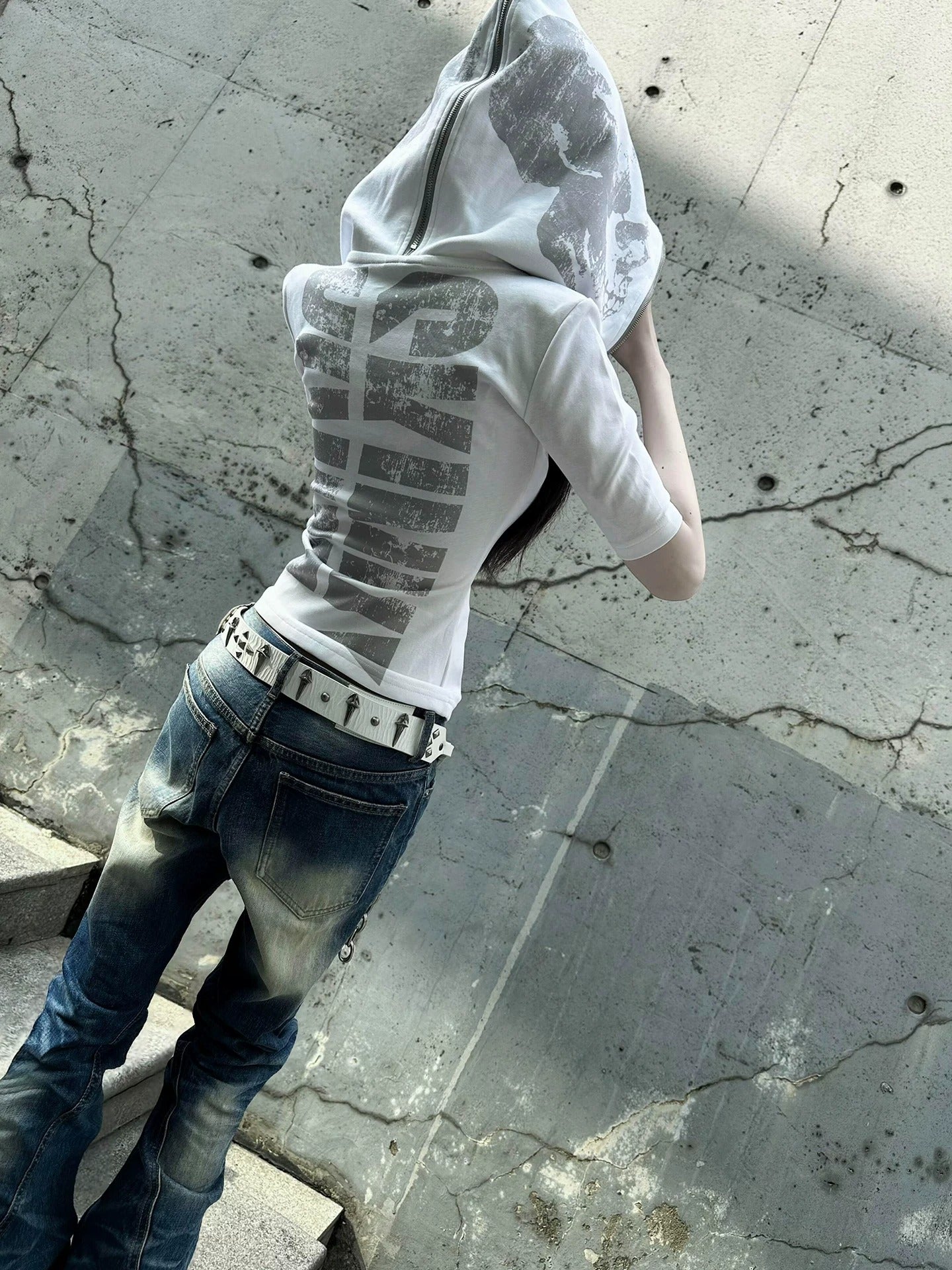 Hooded Zipper Skull Print T-shirt