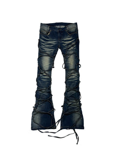 Lace-Up Distressed Slim Flare Jeans