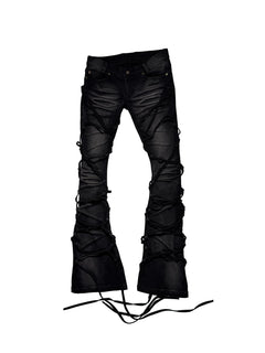 Lace-Up Distressed Slim Flare Jeans