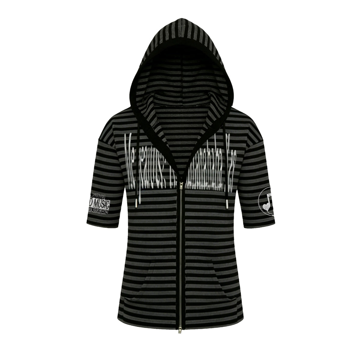 Striped Hooded Letter Print Zipper T-shirt