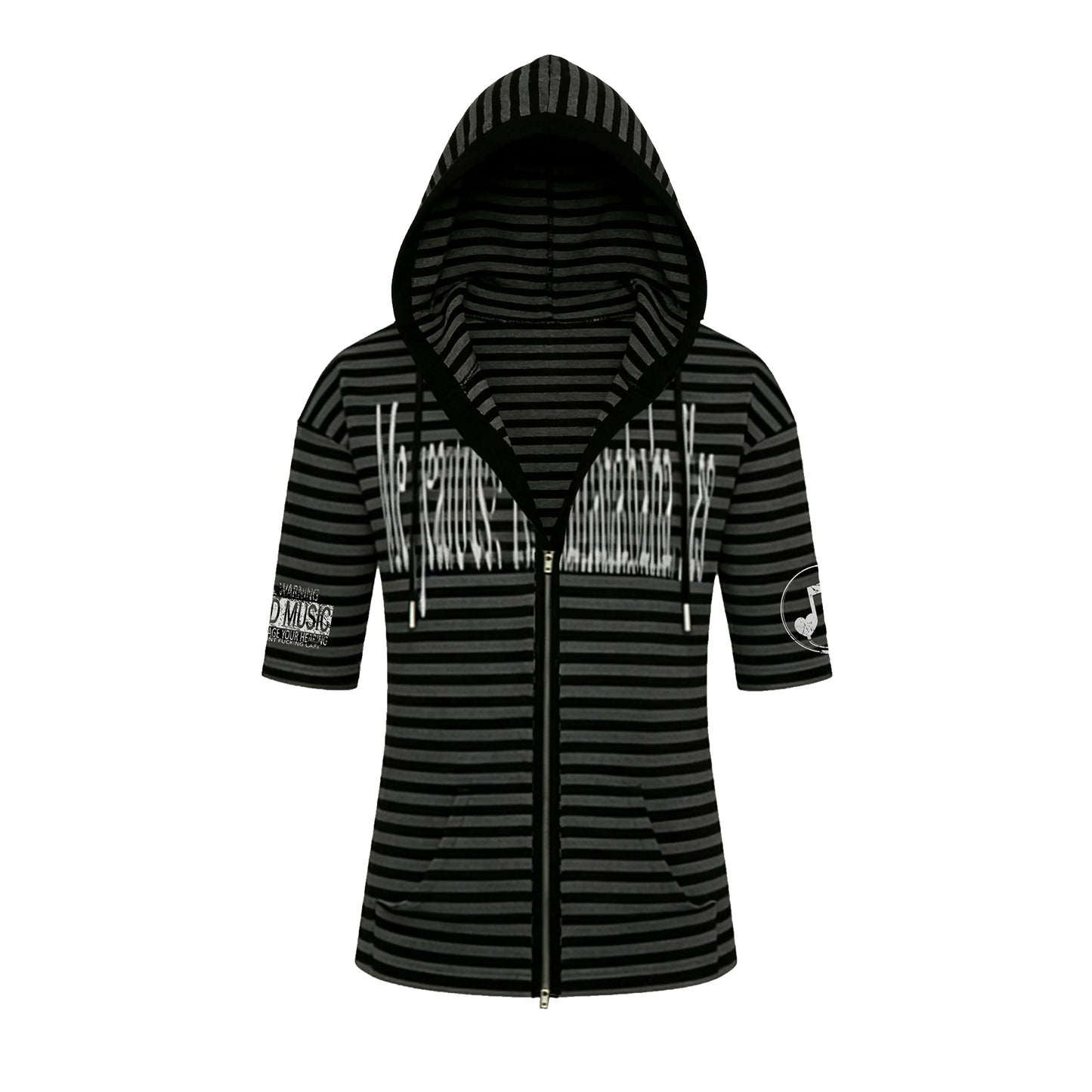 Striped Hooded Letter Print Zipper T-shirt