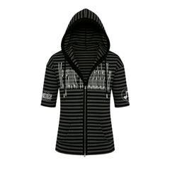 Striped Hooded Letter Print Zipper T-shirt - PWM