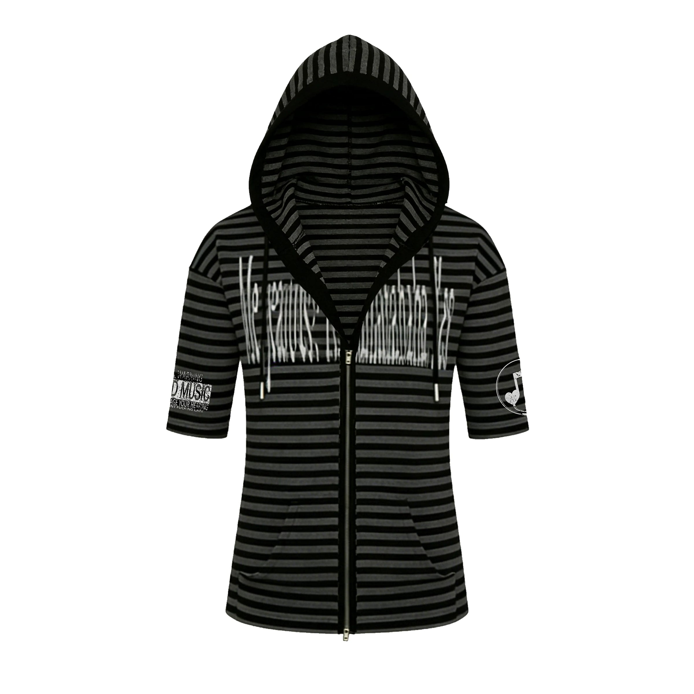 Striped Hooded Letter Print Zipper T-shirt - PWM