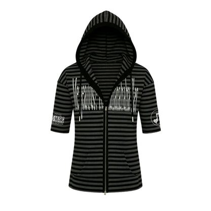 Striped Hooded Letter Print Zipper T-shirt