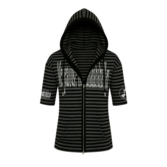 Striped Hooded Letter Print Zipper T-shirt