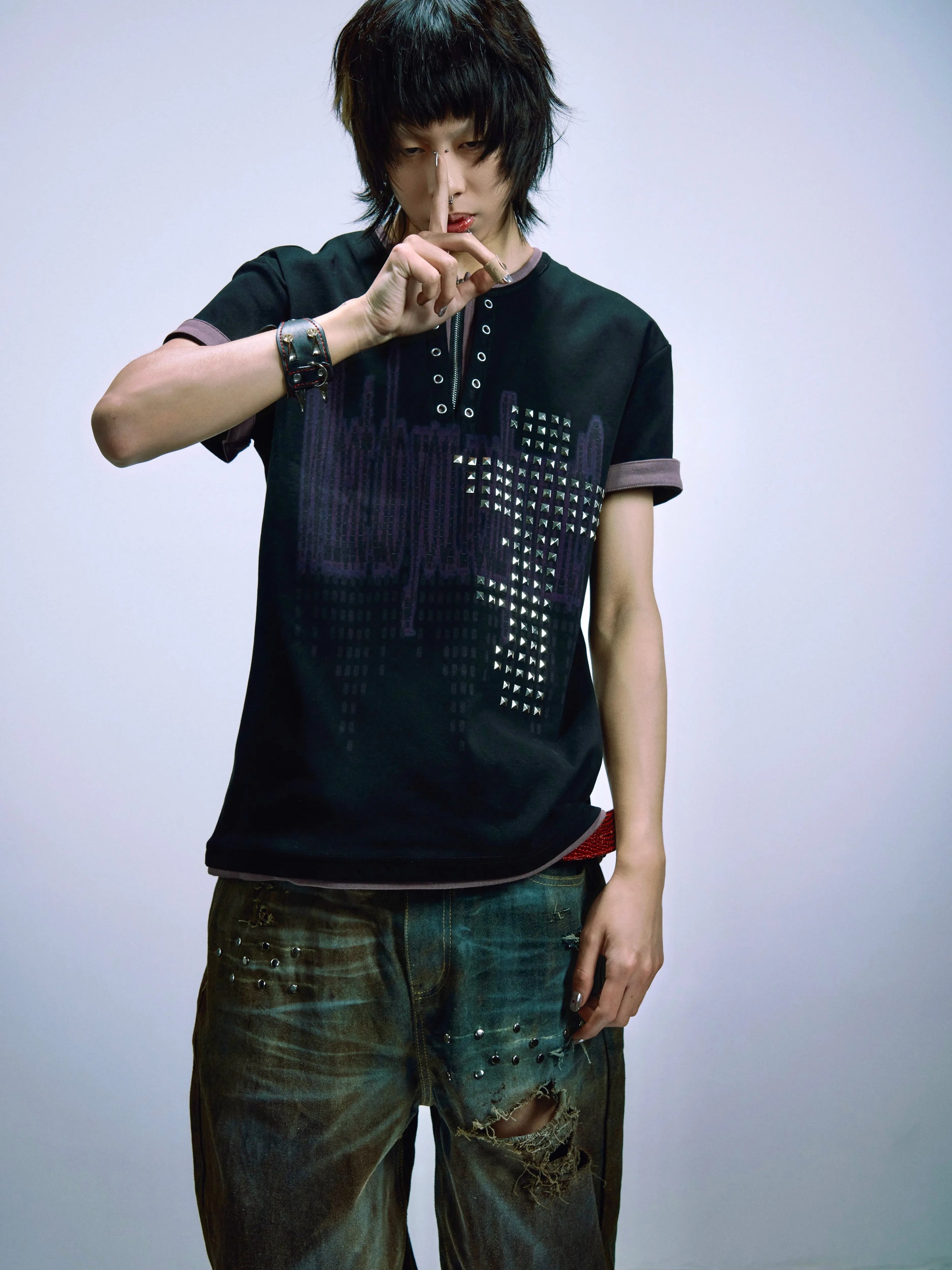 Studded Cross Eyelet Henley T-Shirt