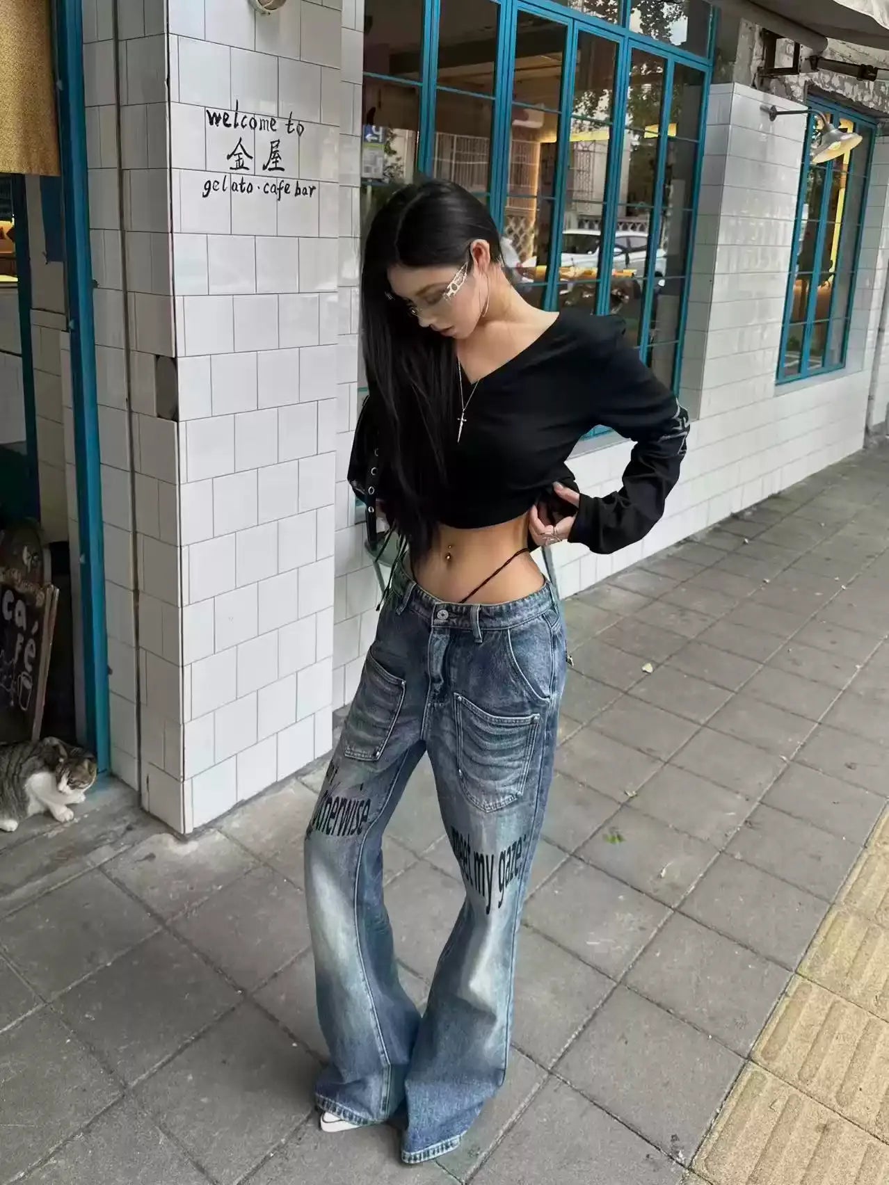 Letter Print Washed Jeans