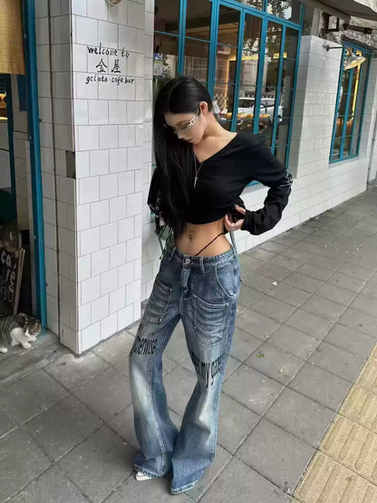 Letter Print Washed Jeans