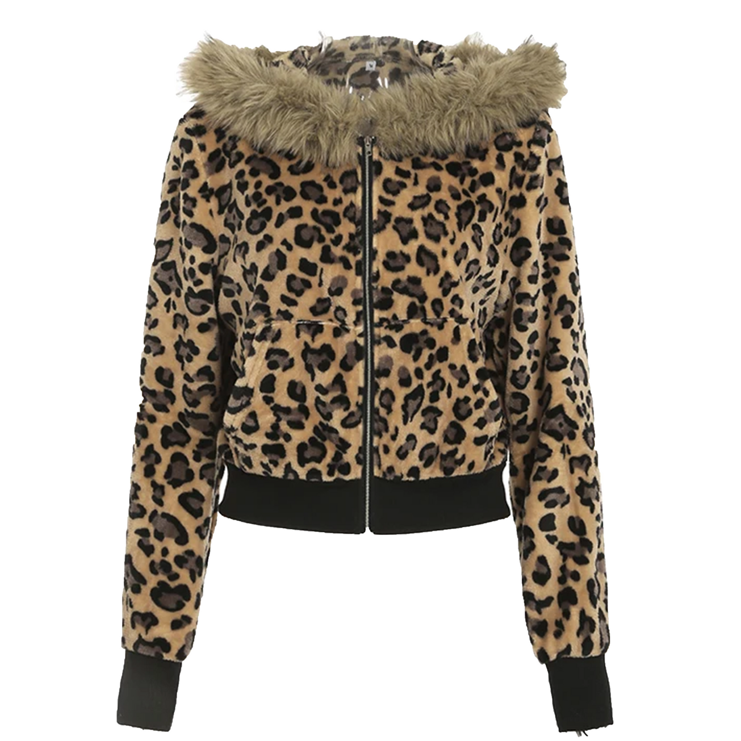 Fur Trim Leopard Zipper Hoodie