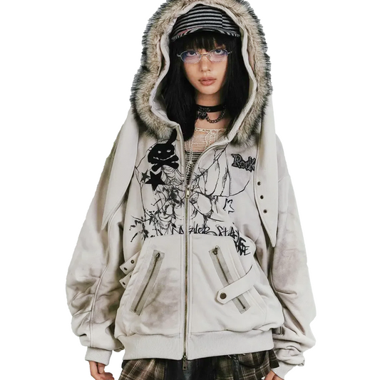 Rabbit Ears Fur Collar Zipper Hoodie