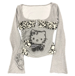 Leopard Patchwork Kitty Long Sleeve Tops - PWM
