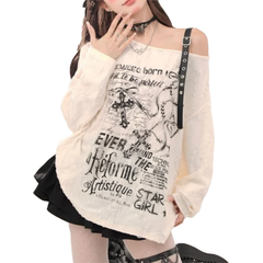 Gothic Cross Letter Graphic Off Shoulder Tops - PWM