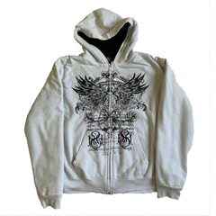 Imcute Wing Print Mall Goth Zipper Hoodie - PWM